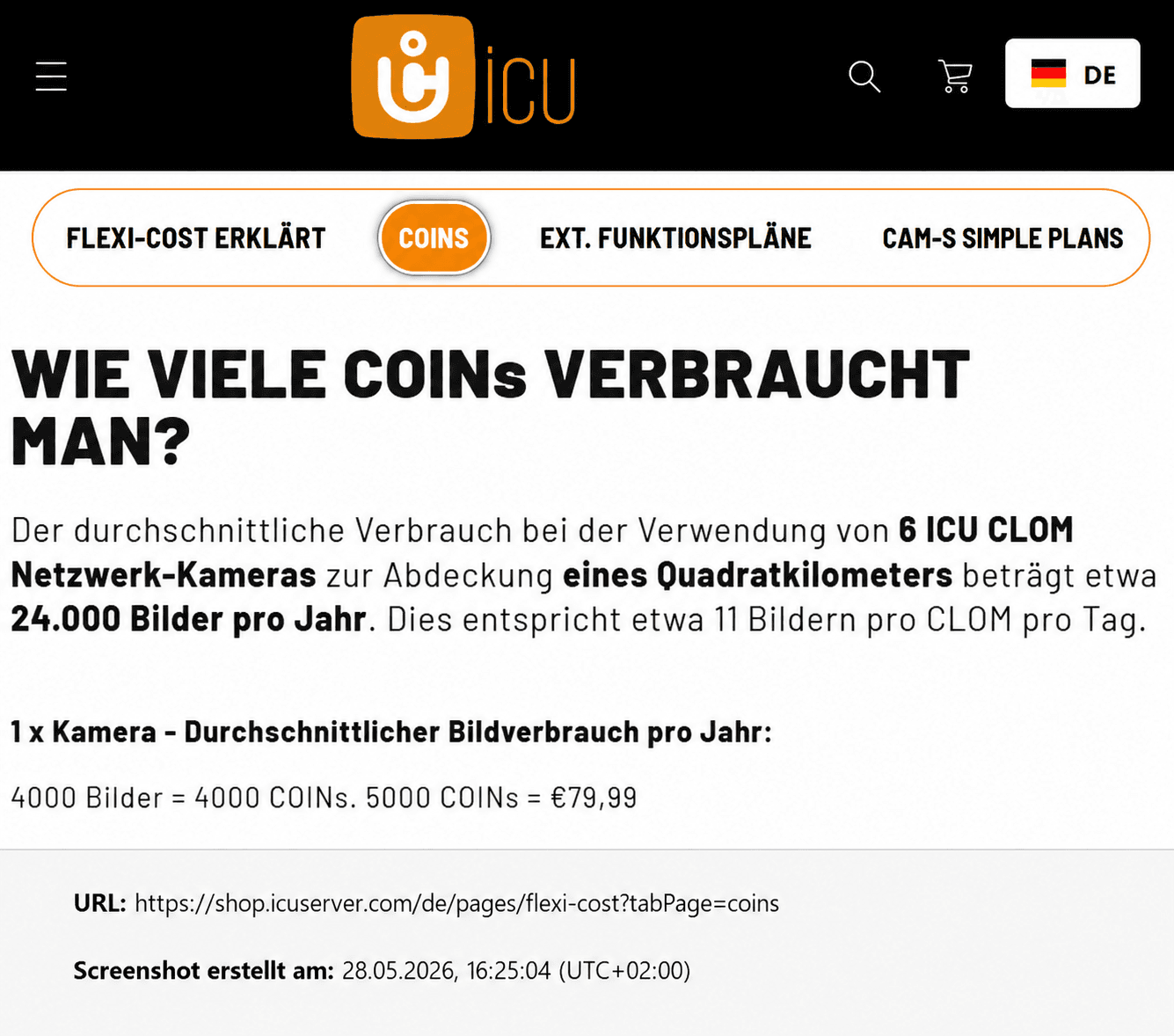 Screenshot dello shop ICU, sezione Flexi-Cost / Coins: il consumo medio utilizzando 6 fototrappole di rete ICU CLOM per coprire un chilometro quadrato è di circa 24.000 immagini all'anno. Ciò corrisponde a circa 11 immagini per CLOM al giorno.