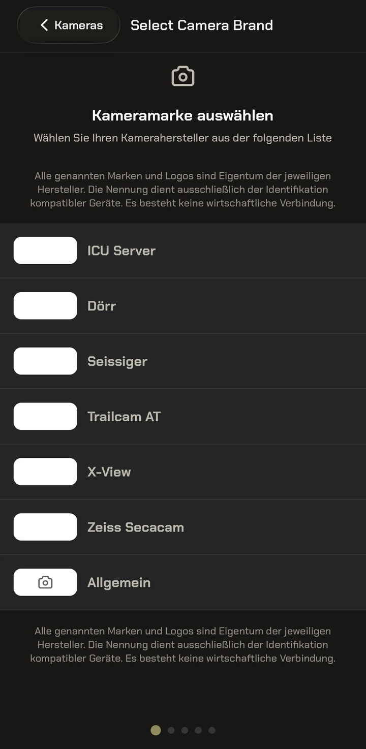Aplikacja Modernhunter: lista marek kamer z pozycją Zeiss Secacam