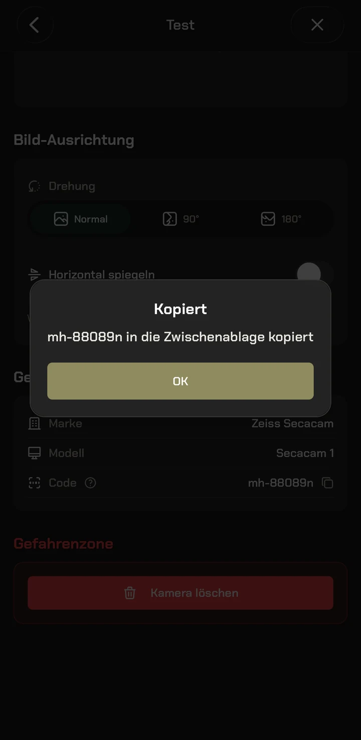 Aplikacja Modernhunter: potwierdzenie, że indywidualny kod kamery został skopiowany do schowka