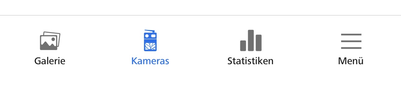 Application Zeiss Secacam : barre de menu inférieure avec la section Caméras sélectionnée