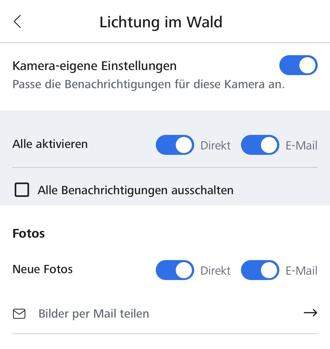 Application Zeiss Secacam : notifications de la caméra avec l’interrupteur E-mail activé pour Nouvelles photos et la ligne Partager les photos par e-mail