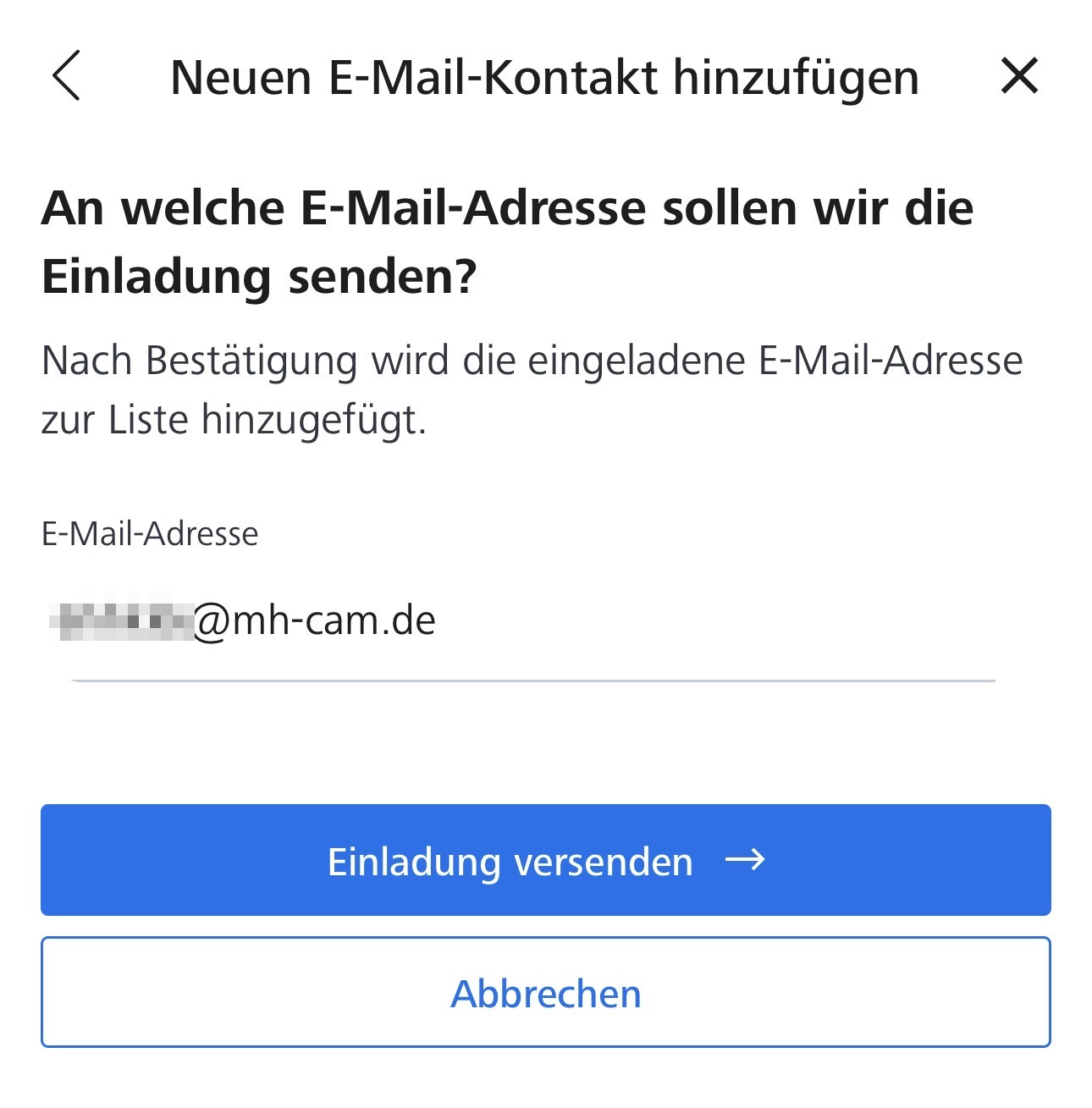 Application Zeiss Secacam : boîte de dialogue Ajouter un nouveau contact e-mail avec l’adresse saisie et le bouton Envoyer l’invitation