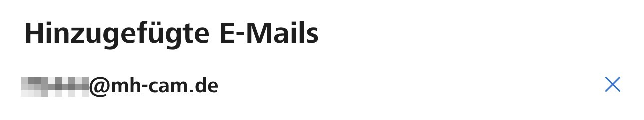 Application Zeiss Secacam : liste E-mails ajoutés avec l’adresse enregistrée de la caméra